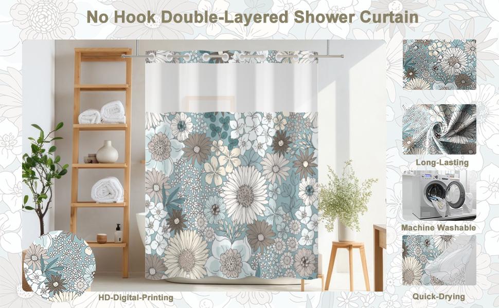 Hookless Modern Floral Shower Curtain, Blue Boho Flower-Layered Design with Snap-In Mesh Liner and Weights, 71x74in Floral Shower Curtains for Bathroom, Hookless Shower Curtain