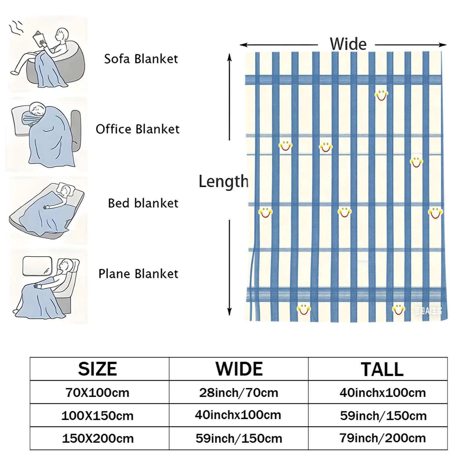 Smiley Grid Pattern Plush Blanket, Soft Warm Lightweight, Ideal for Bed Sofa Car Room Decor, Perfect Moving Holiday Gift