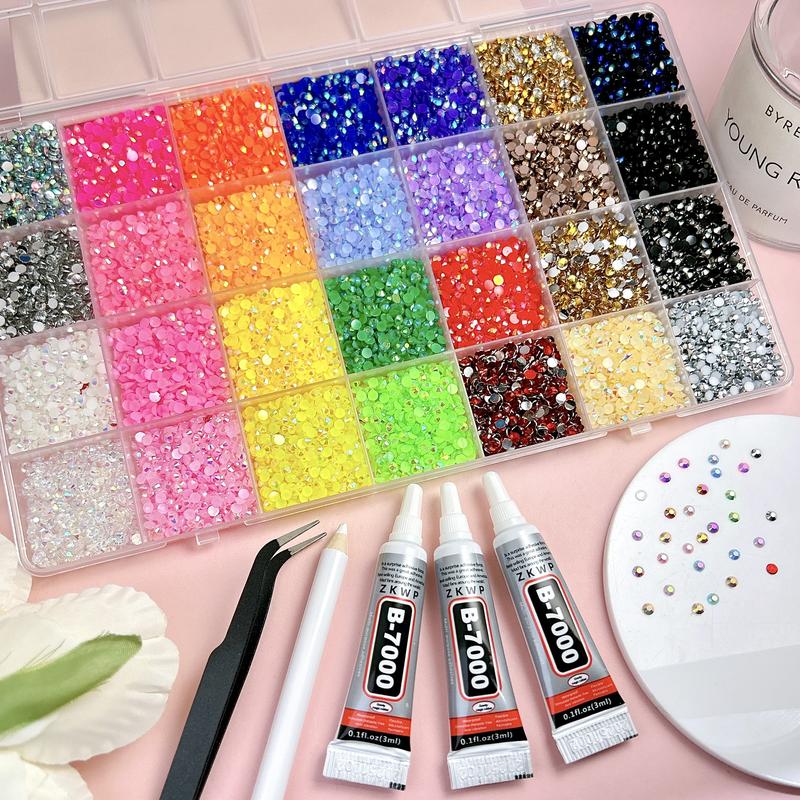 28-Color 3 mm Resin Rhinestone Bedazzling Kit, Semi-Circular Flatback Nail Charms with Glue and Tweezers for DIY Hats, Shoes, Books and Nail Art Crafts