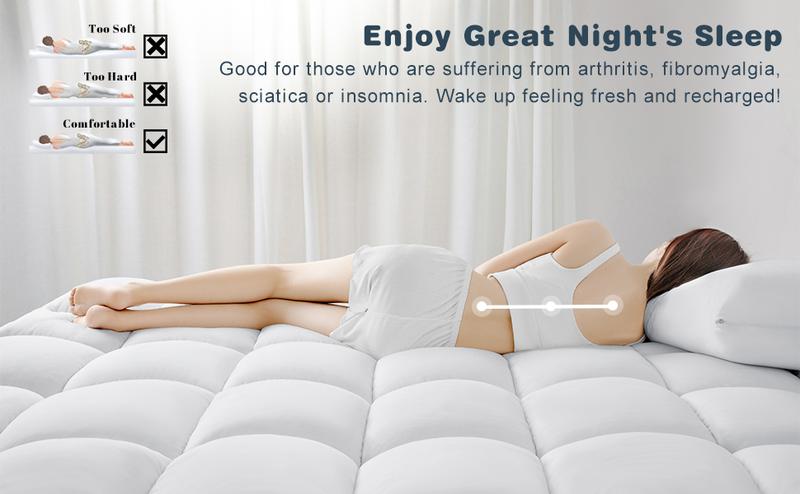 Extra Thick Bamboo Mattress Topper – Breathable, Elastic Skirt, Down Alternative Fill, Cotton Top, 8–21" Deep Pocket for Back & Side Sleepers