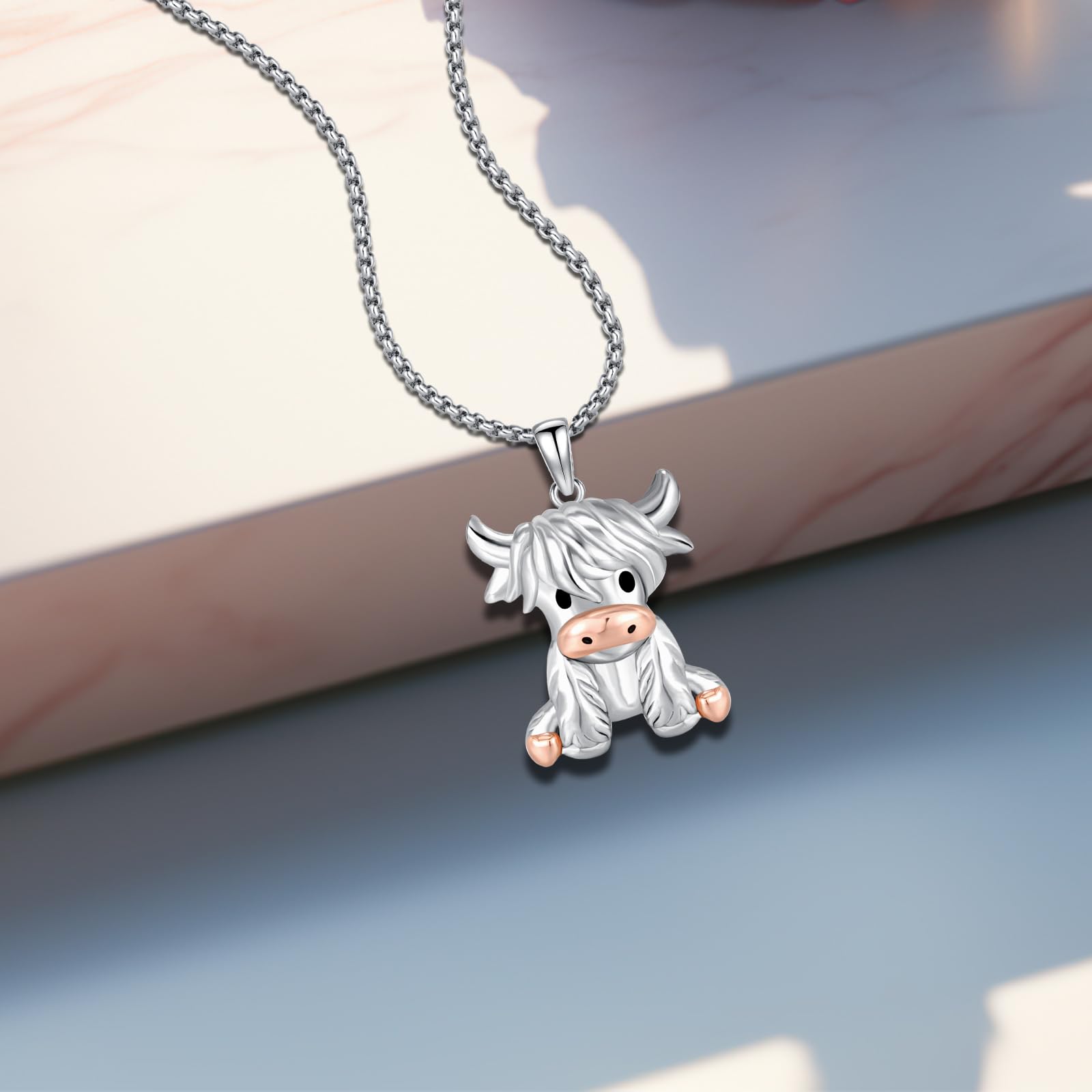 Thanches 925 Sterling Silver Highland Cow Pendant Necklace Cute Scottish Animal Jewelry Gift for Mom Girls Fashion Ideal Accessories Birthday For Daily Party Clothing Decor