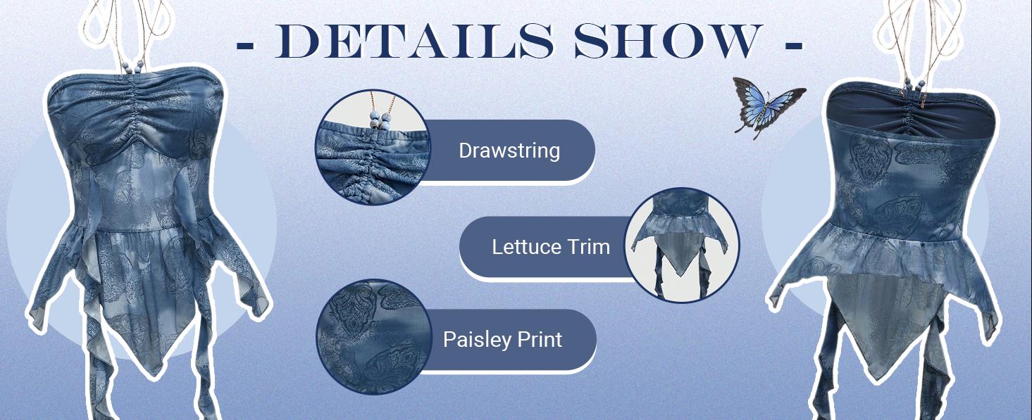 2026 Spring Summer Paisley Print Ruffle Asymmetrical Hem Halter Top Ruched Tie Backless Crop Tops