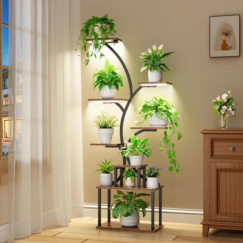 POZILAN Plant Stand Indoor with Grow Light, 8-Tiered Tall Plant Stands for Indoor Plants Multiple, Metal Plant Shelf Display Rack Holder, Flower Stand for Indoor Plants, Living Room, Garden, Patio Gift Home Decorative