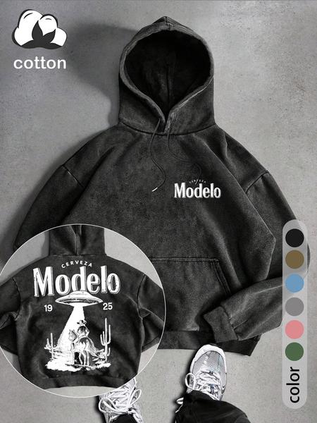 UFO and Western Cowboy Men's Street Retro Style Washed Hooded Sweatshirt Fashion Trend Casual Hoodies