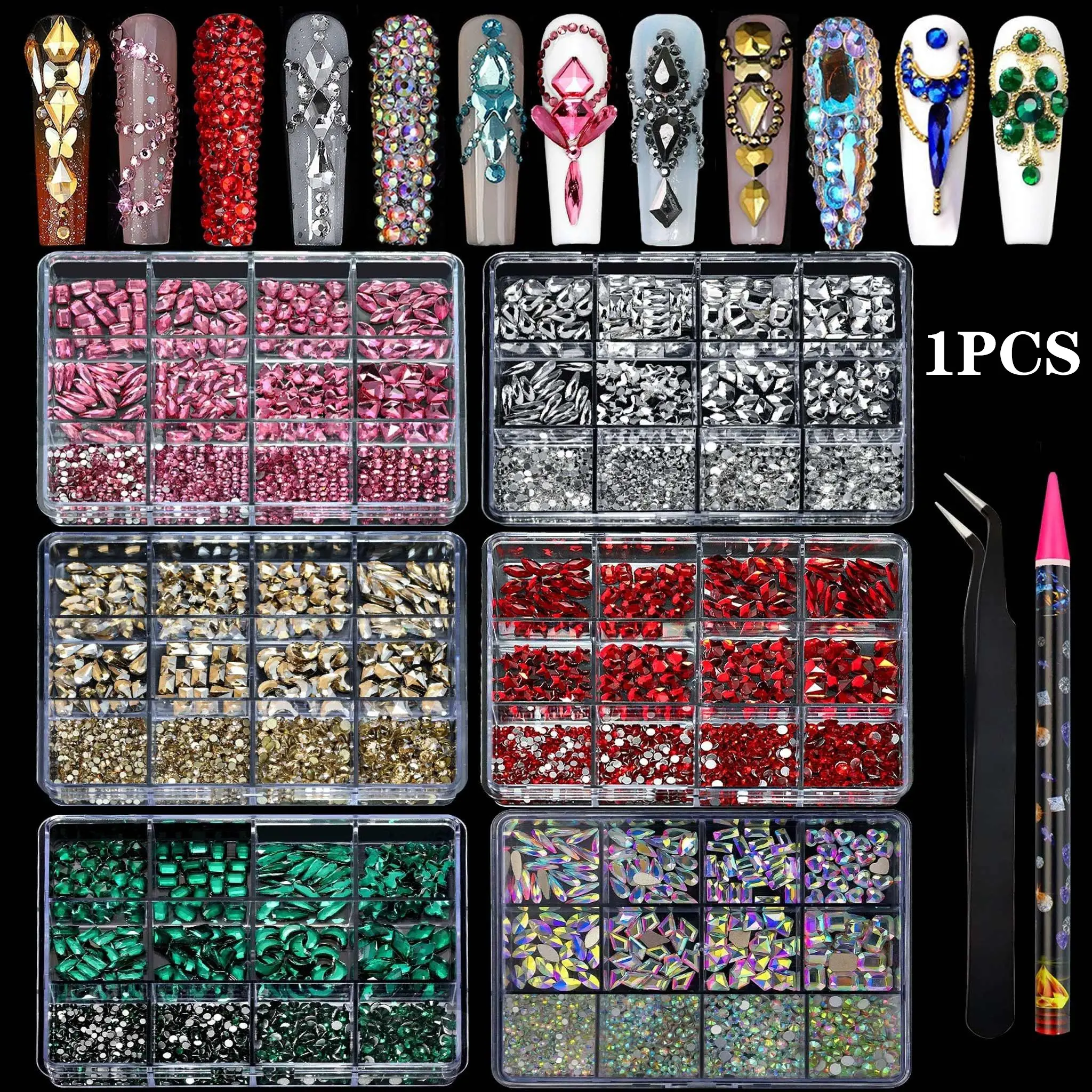 12-Piece Boxed Colorful Glitter Flat Back Nail Rhinestones, Sparkly Nail Art DIY Decorations, Face Jewelry, Handmade Bright Rhinestones, Nail Accessories