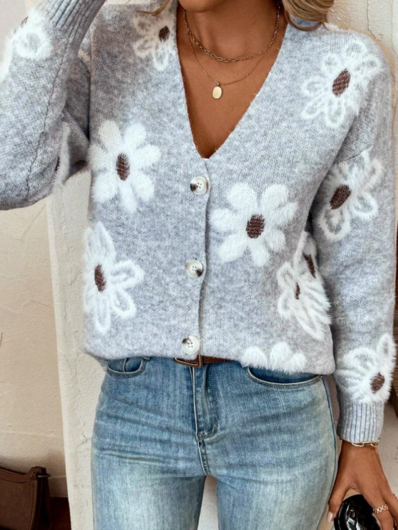 Plus Size Floral Print Button Front Cardigan, Casual Drop Shoulder  V Neck Knitwear for Fall & Winter, Women's Plus Clothing for Daily Wear