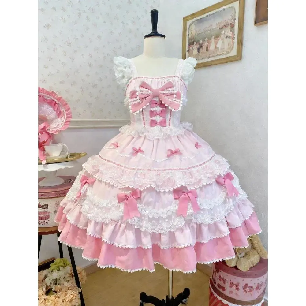2026 Chic Floral Bow Lolita Dress Women Kawaii Ruffled Lace JSK Dress Princess Party Cosplay Cute Sleeveless Casual Mini Dress