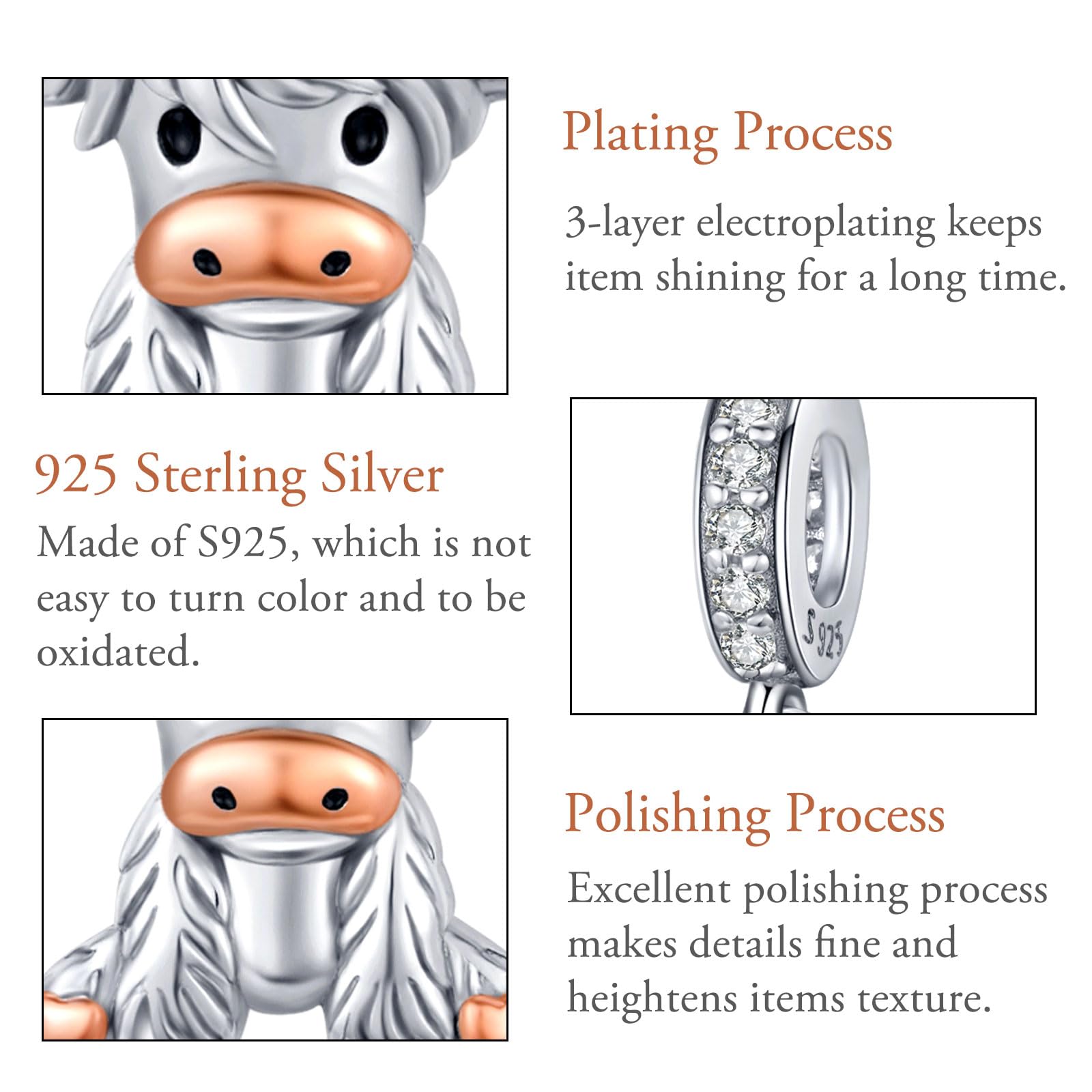 Thanches Highland Cow Charm S925 Sterling Silver Scottish Cut Animal Jewelry Cow Charm Bracelet Bead Gift for Women Mom Daily Decor Fluffy Pendant