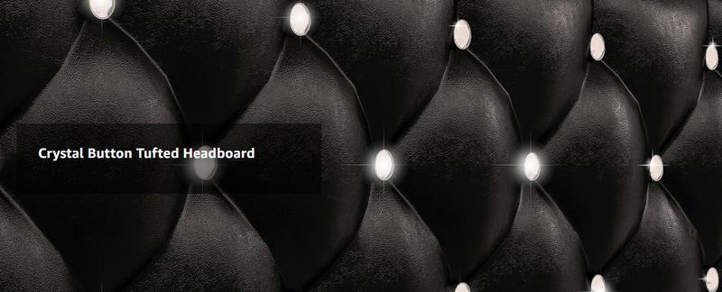 LIKIMIO Bed Frame with LED Lights and 4 Storage Drawers, Upholstered Platform Bed Frame Queen Size with Adjustable Crystal Button PU Leather Headboard, No Box Spring Needed, Black