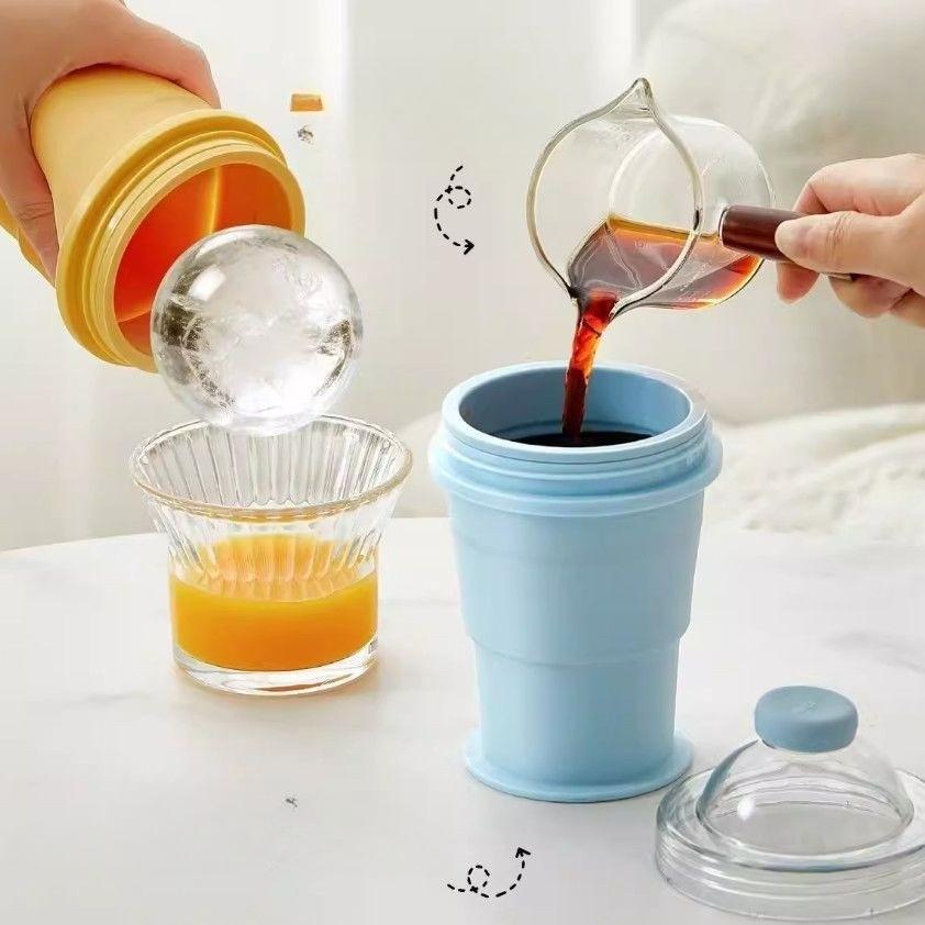 Food-grade silicone folding ice ball cup - dual-purpose ice water drinking cup. Two-in-one functional summer portable water cup with a straw.