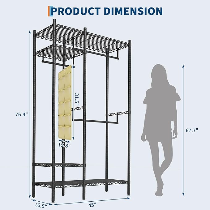 Clothing Racks for Hanging Clothes,Heavy Duty Clothes Rack with Shelves,Portable Closet Racks 4 Tiers Freestanding Closet Wardrobe System, Max Load 850 LBS
