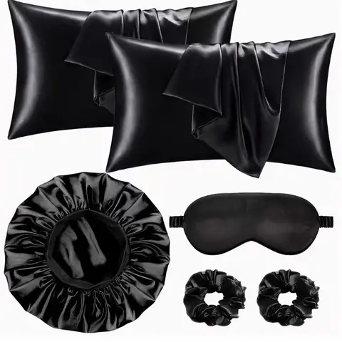 Silky Hair Care Set, 6-Piece Kit (2 Pillowcases + Sleep Cap + Eye Mask + 2 Hair Ties), Anti-Tangle Smooth Sleep Bundle for Women