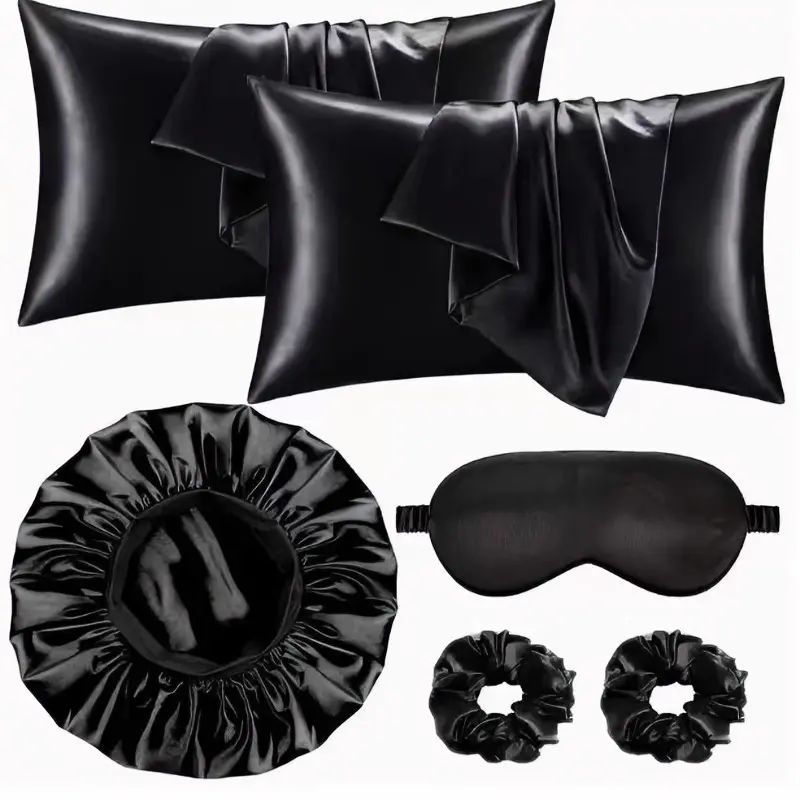 Silky Hair Care Set, 6-Piece Kit (2 Pillowcases + Sleep Cap + Eye Mask + 2 Hair Ties), Anti-Tangle Smooth Sleep Bundle for Women