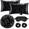 Silky Hair Care Set, 6-Piece Kit (2 Pillowcases + Sleep Cap + Eye Mask + 2 Hair Ties), Anti-Tangle Smooth Sleep Bundle for Women