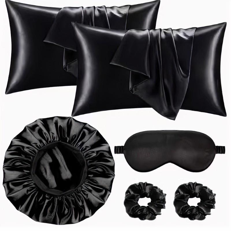 Silk Hair Care Set, 6-Piece Kit (pillowcase + Sleep Cap + Eye Mask + Headband), Anti-Tangle, No Heat Styling, Wide Brim Sleep Cap, Women's Bath Hat