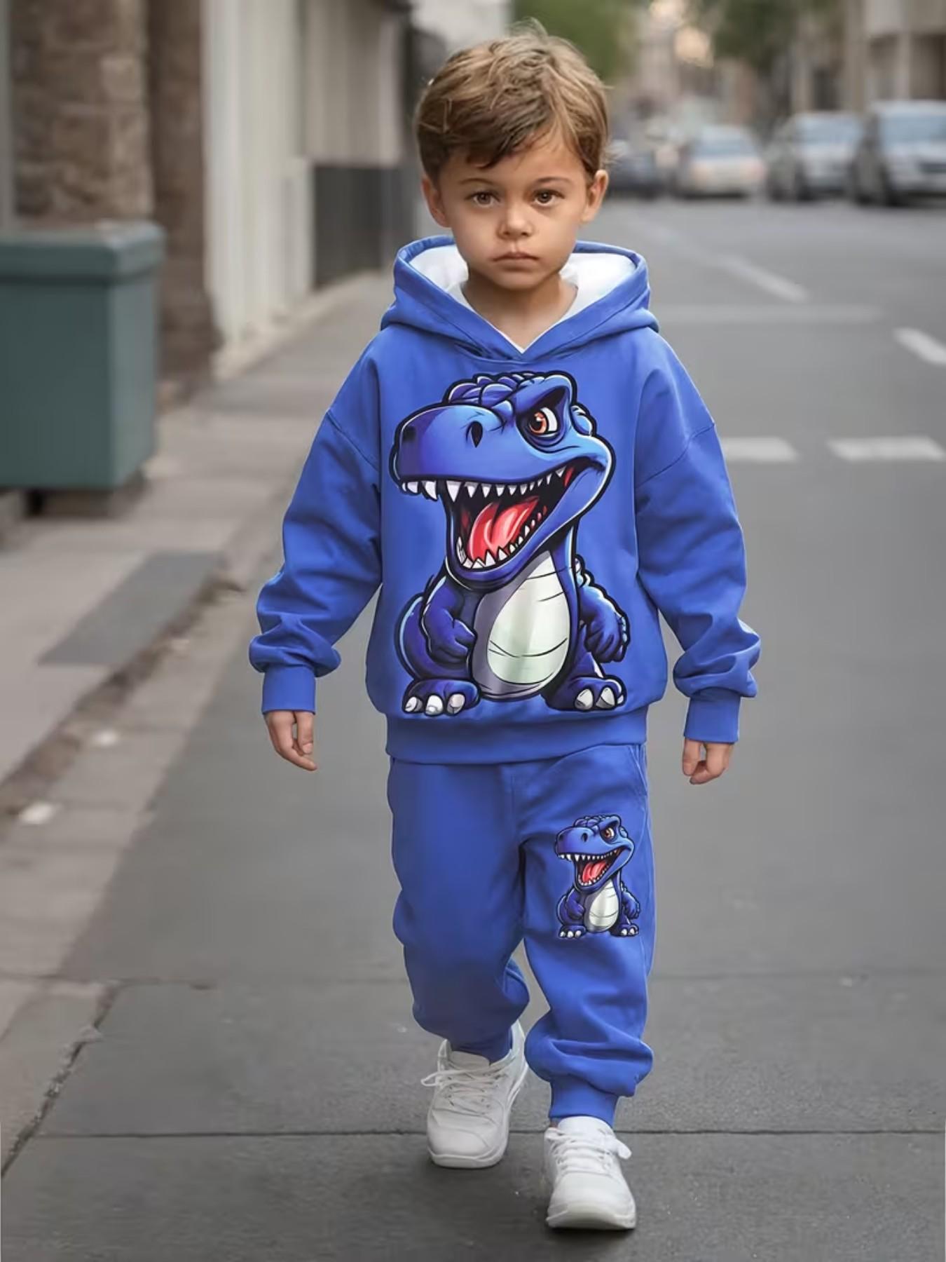 Boys' Spring Summer Dinosaur Print Hoodie Set, Cartoon
