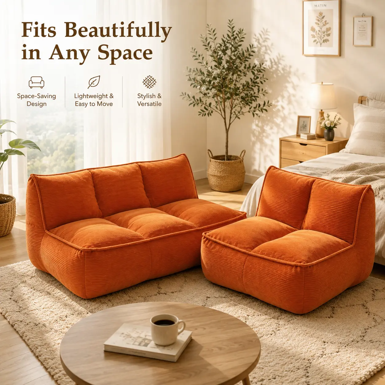 141.5inch Modular,Double caterpillar sofa, Togo sofa,Fine Corduroy Fabric Beanbag Couch for Living Room, Bedroom & Dorm, Cozy Fluffy Cloud Mini Couch