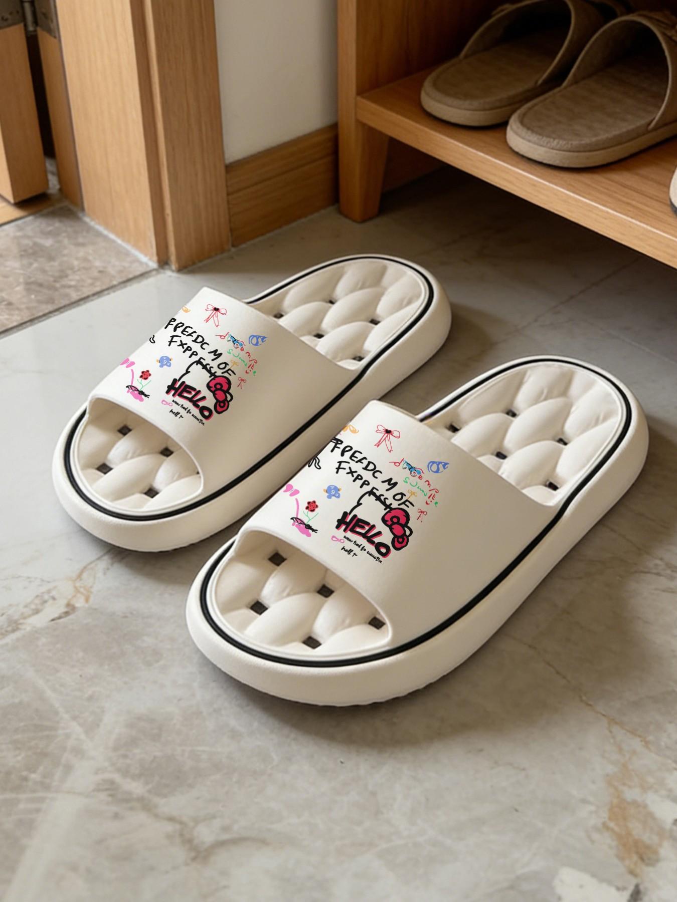1 Pair Graffiti Letter Bow Themed Printed Hollow Massage Thick Sole Slippers, Sweet Cool Personality Style, Non-slip Soft Sole, Quick-dry for Bathroom, Indoor & Outdoor Dual-use, Open Toe Slides, Bathroom Casual Slippers
