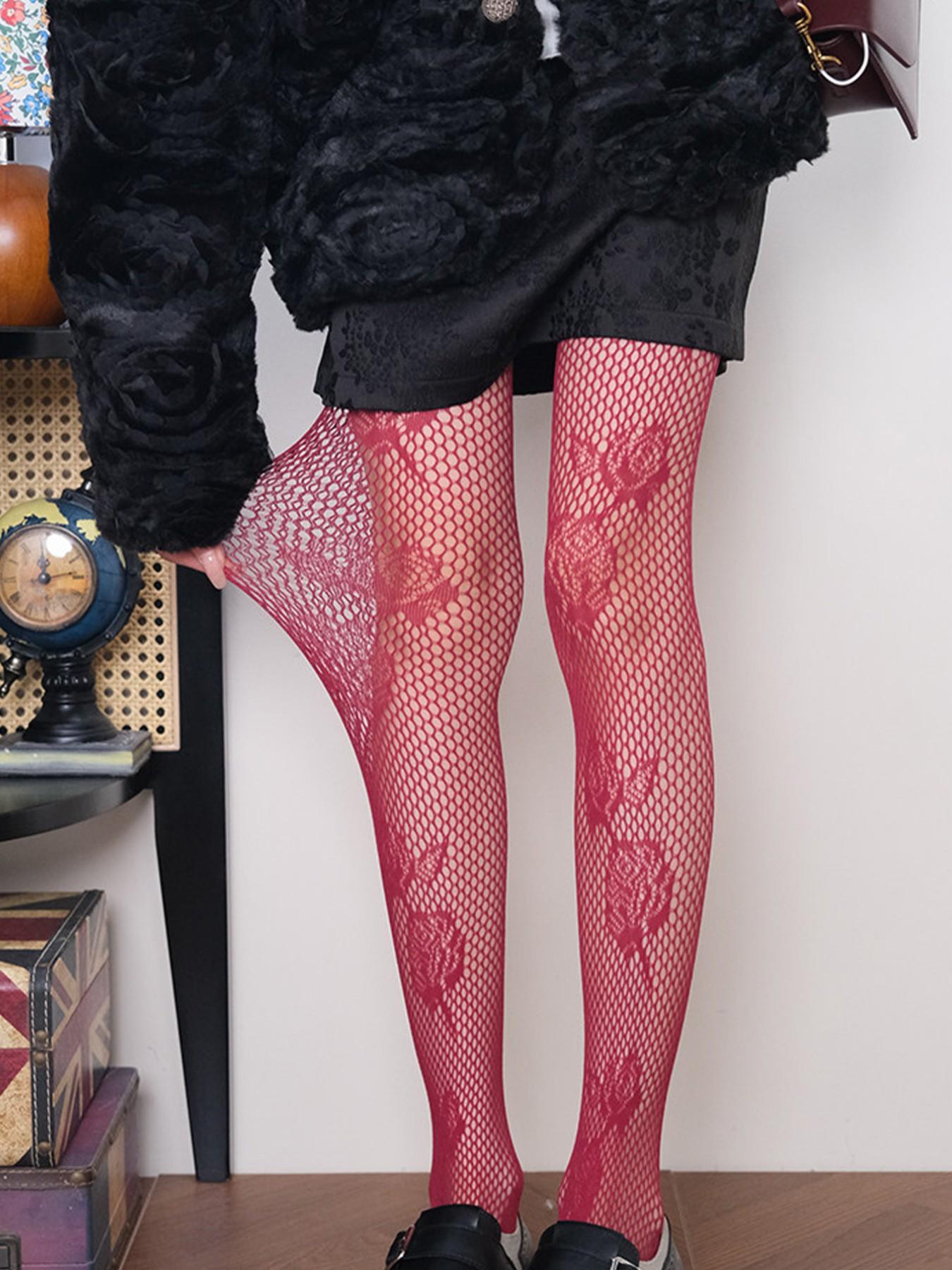 Rose Lace Fishnet Pantyhose, Y2K Sexy Transparent Stockings, High Stretch Anti-Pill, Wine & Dual Color, All Seasons