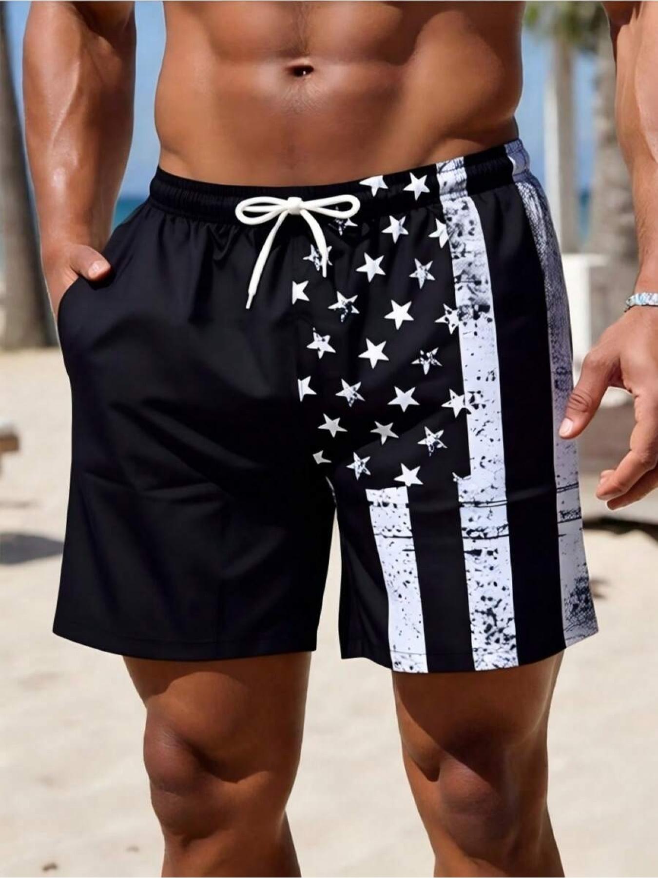 Men's Quick Dry National Flag Lining Elastic Waistband Drawstring Waist Casual Summer Fashion Sport Beach Swim Shorts Swimming Shorts, Suitable For Vacation, Beach, Pool, Outdoor Activities, Daily Wear