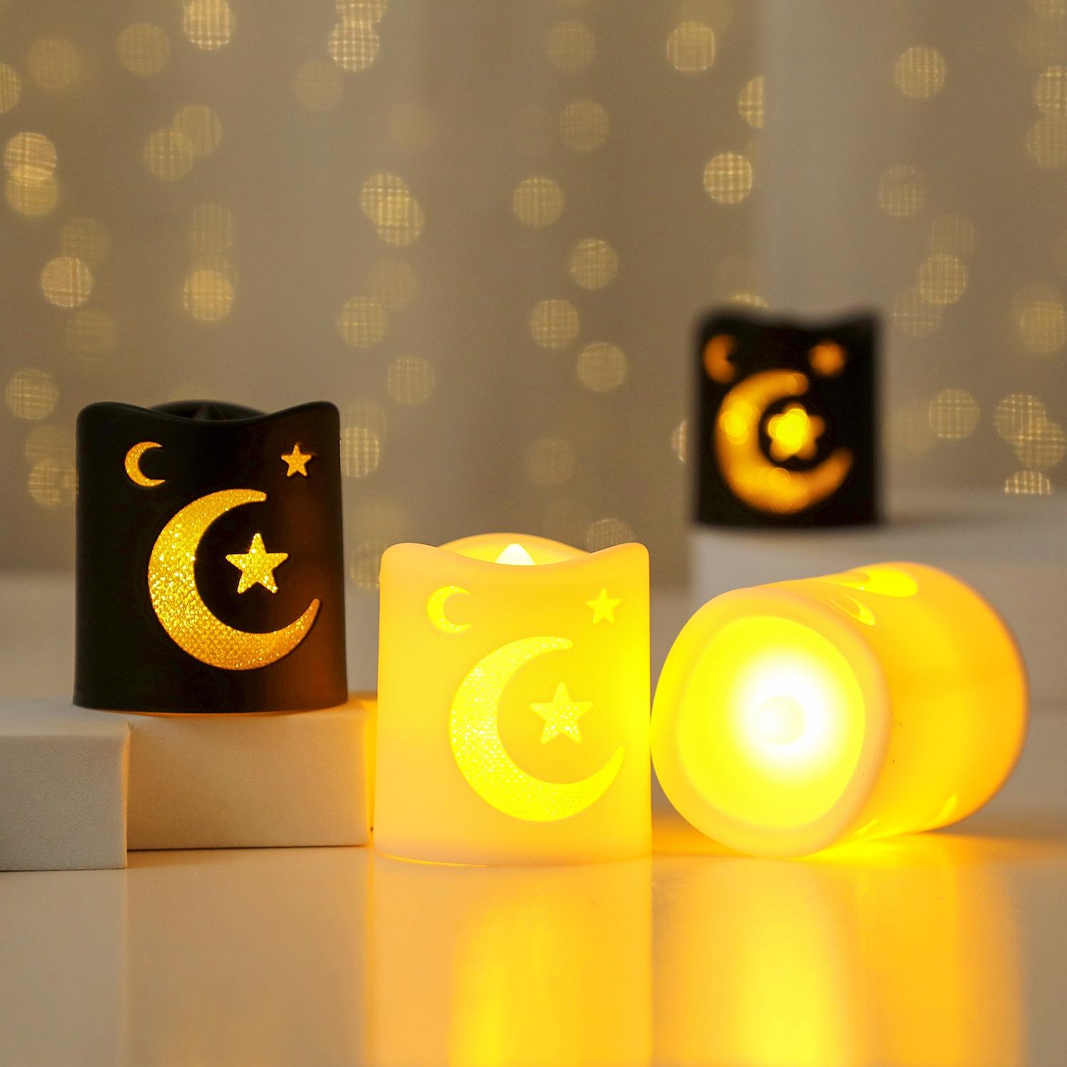 4 Counts Ramadan LED Electronic Candles, Star and Moon Pattern Decorative Lights, Perfect for Ramadan Festival Atmosphere, Decoration Party Light, Home Decor Light