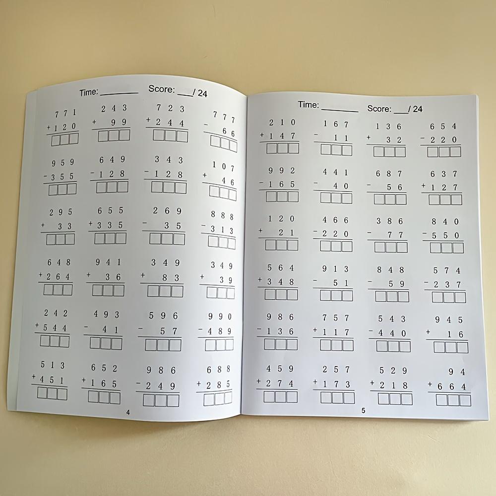 32-Page children's math workbook, multiplication, division, addition and subtraction within 1000, math learning, practice activity worksheet, School Supplies