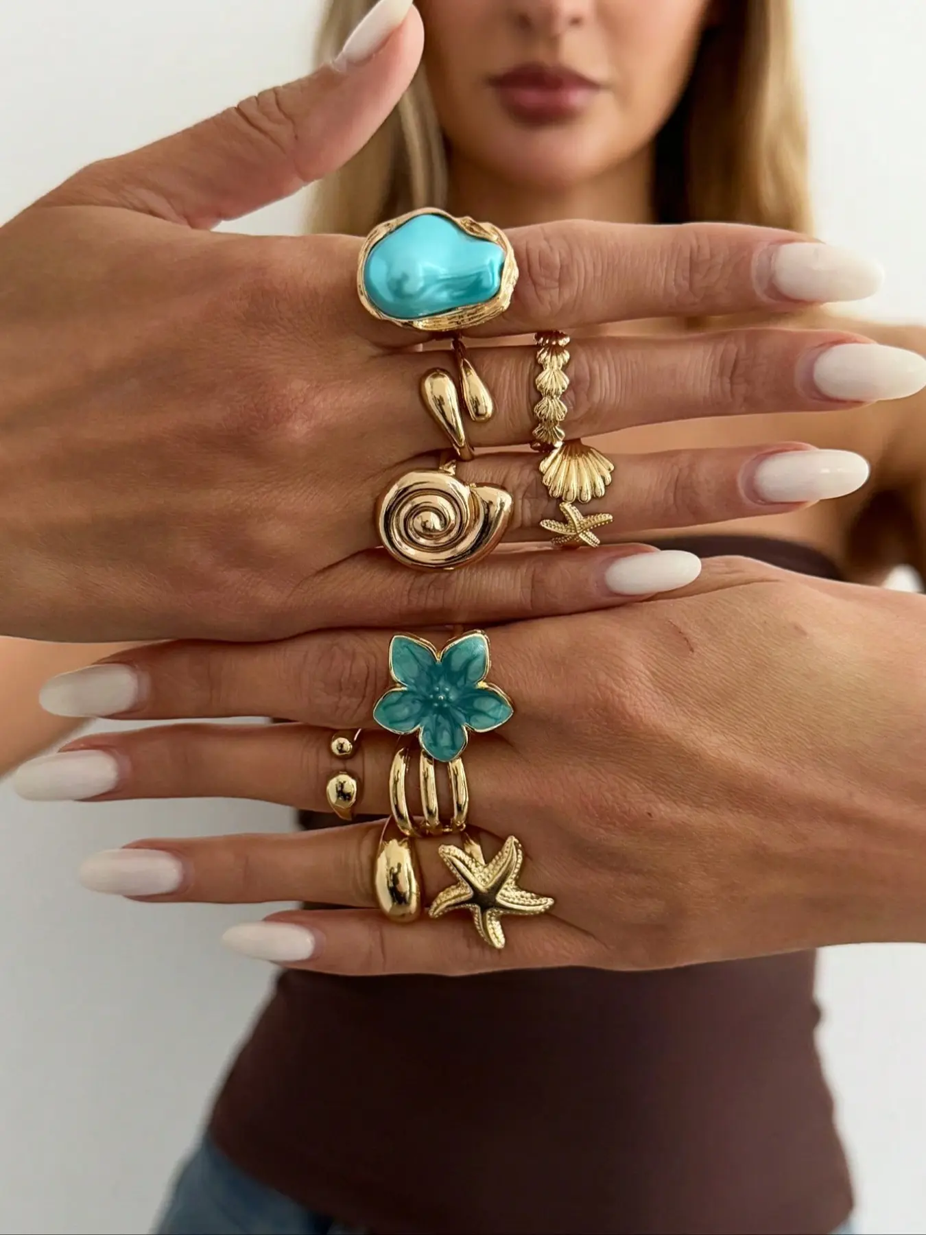 10 Pcs Boho Beach Starfish Ring Set, Boho Style Rings, Alloy Flower Stackable Finger Rings, Beautiful Rings, Party Jewelry, Gift for Holidays, Birthday and Beach