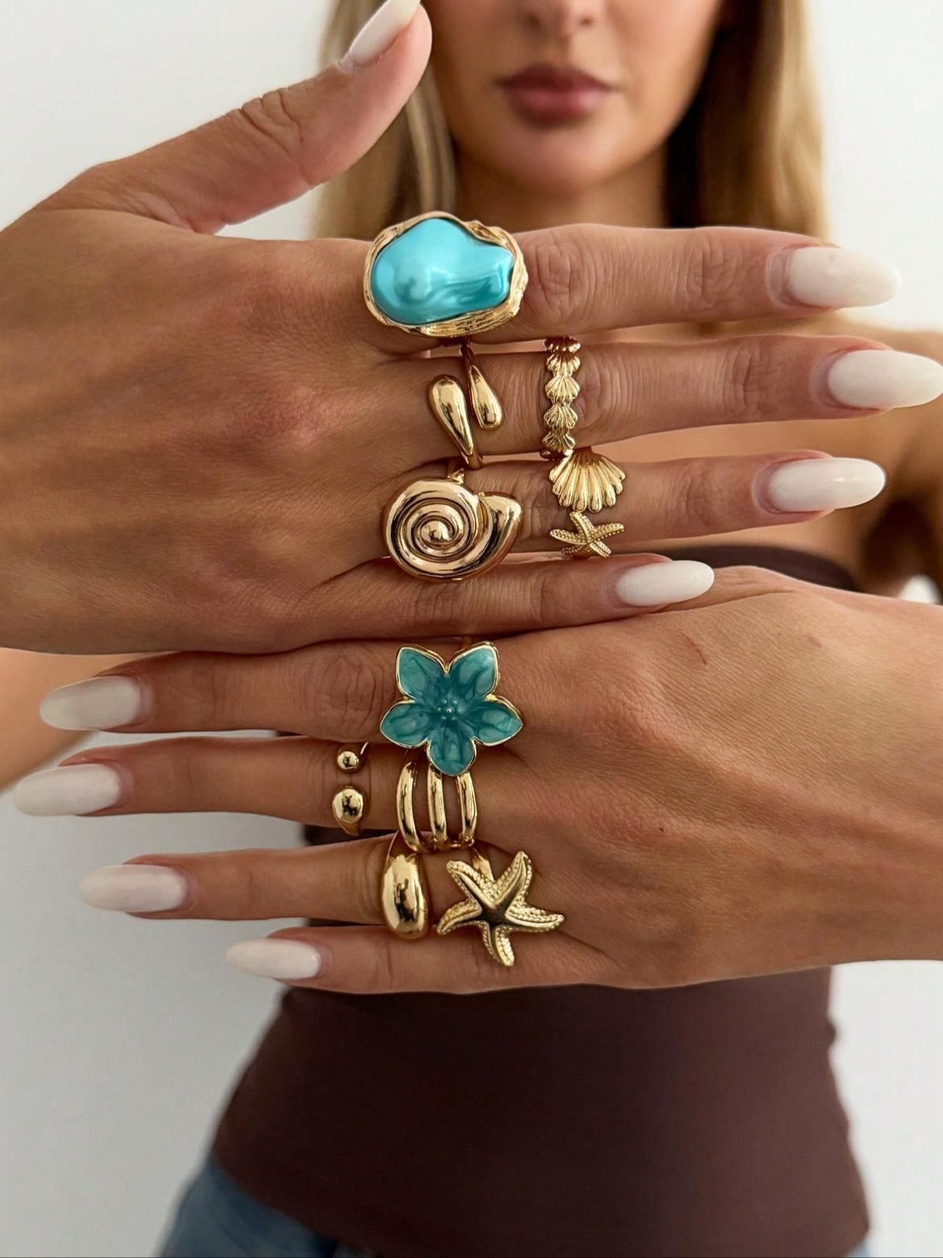 10 Pcs Boho Beach Starfish Ring Set, Boho Style Rings, Alloy Flower Stackable Finger Rings, Beautiful Rings, Party Jewelry, Gift for Holidays, Birthday and Beach