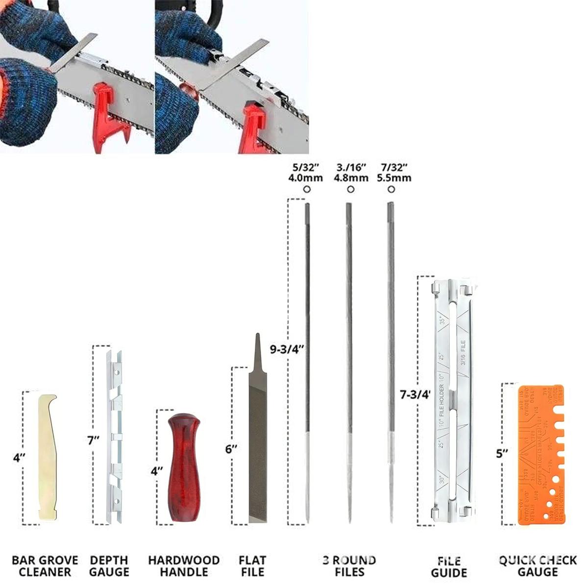 Universal Chainsaw Field 10pc Sharpening Kit - Includes 5/32", 3/16", and 7/32" Round Files, 6" Flat File, Handle, Filing Guide, and Travel Pouch