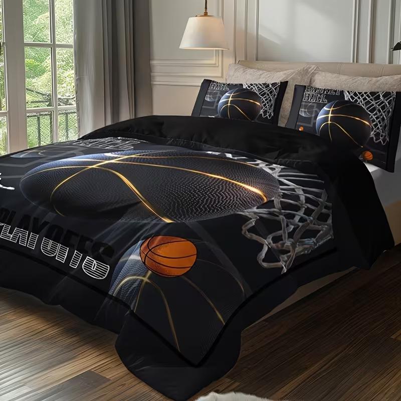 3pc Slam Dunk Pattern Bedding Set, Basketball Letter Print Duvet Cover Set, includes 1 duvet cover and 2 pillowcases, suitable for single, double, and king-size beds, available in multiple sizes.  Ideal for bedrooms, guest rooms, dormitories, and hotels