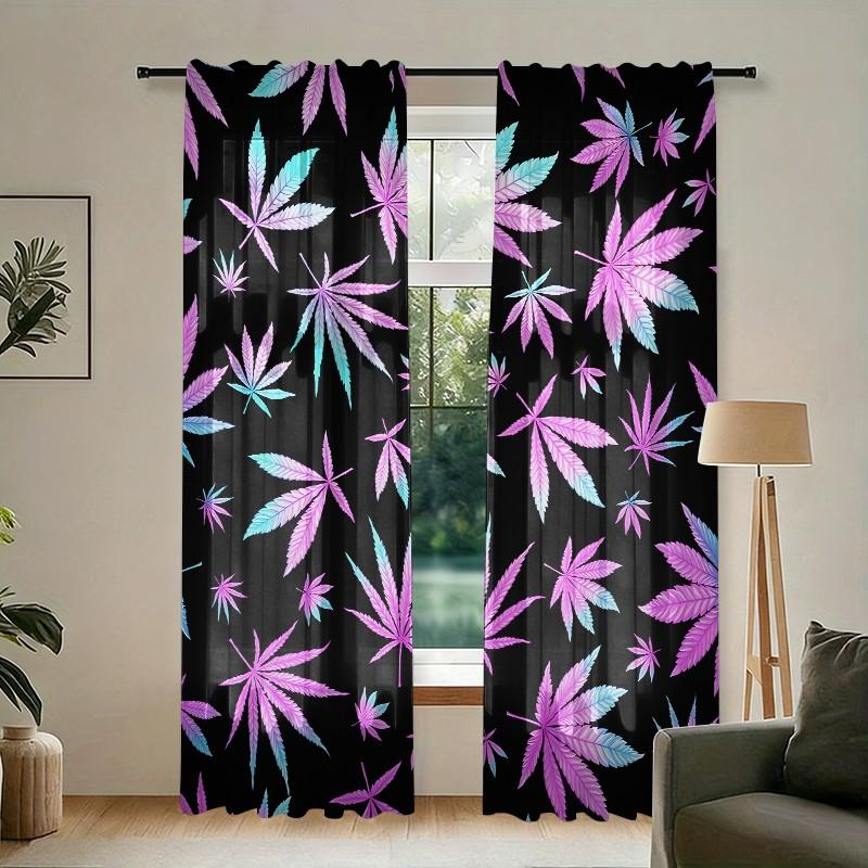 2 pieces of colorful maple leaf theme printed curtains, made of polyester with semi-transparent texture, machine washable, suitable for bedrooms, living rooms and home decoration curtains