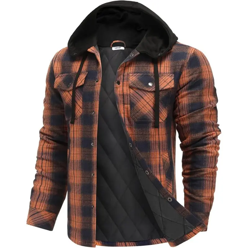 Men's Quilted Lined Flannel Shacket, Long Sleeve Button Down Hooded Shirt Jacket for Fall, Winter, Outdoor Casual & Everyday Layering