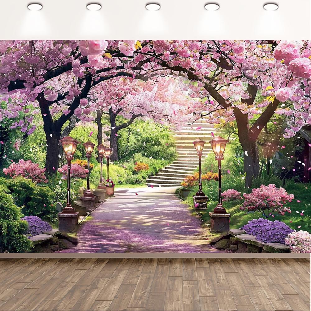 2D Flat, 2D Flat, 2D Flat Banner, 1pc Spring Floral Cherry Blossom Path Backdrop Photography Background for Wedding, Bridal Shower, Anniversary, Party Decoration, No Electricity Needed Yjx