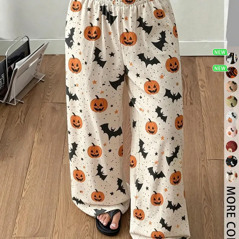 Halloween & Christmas Women's Wide‑Leg Lounge Pajama Pants, featuring all‑over prints of Halloween patterns and festive Christmas motifs, elastic waist loose‑fit trousers, perfect for Halloween or Christmas party looks and indoor home loungewear