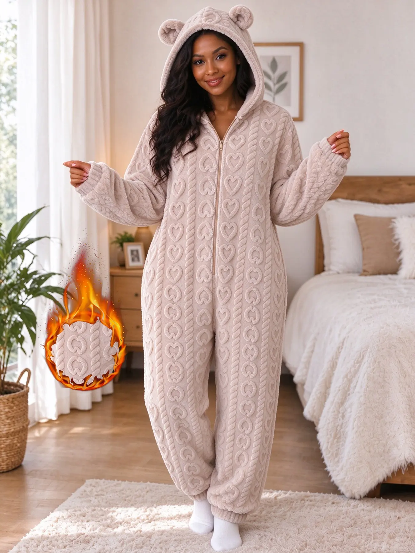 Bear Ears One-Piece Pajamas, Soft and Warm Zipper Design, Cozy Home Wear for Fall and Winter, Women's Comfortable Sleepwear, 1 Piece Set