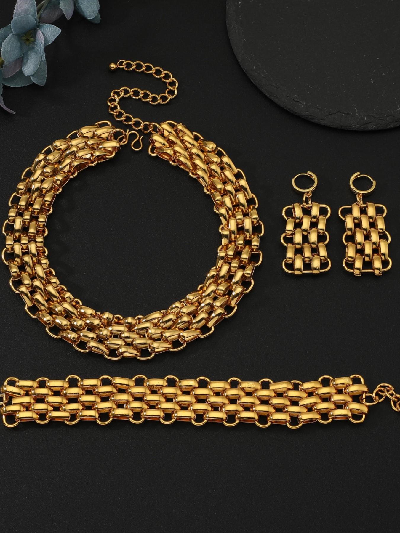 Cuban Chain Necklace Set, Earrings, Bracelet for Women, Elegant Jewelry for Parties, Weddings, Dubai Nigerian Bride Accessories