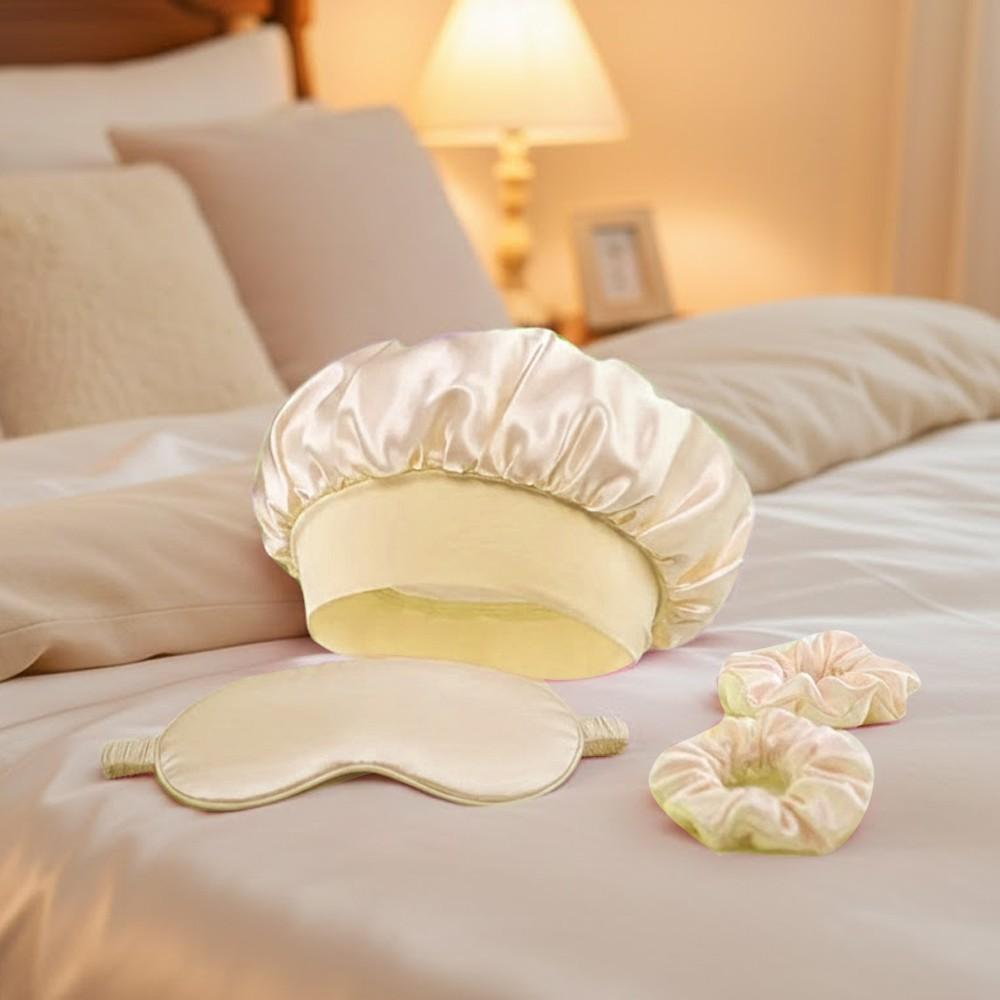 Sleep Mask and Hair Care Tool Set, Satin Sleep Cap, Soft Sleeping Eye Mask, 2 Hair Scrunchies, Alcohol-Free, Ideal for Travel & Home Use
