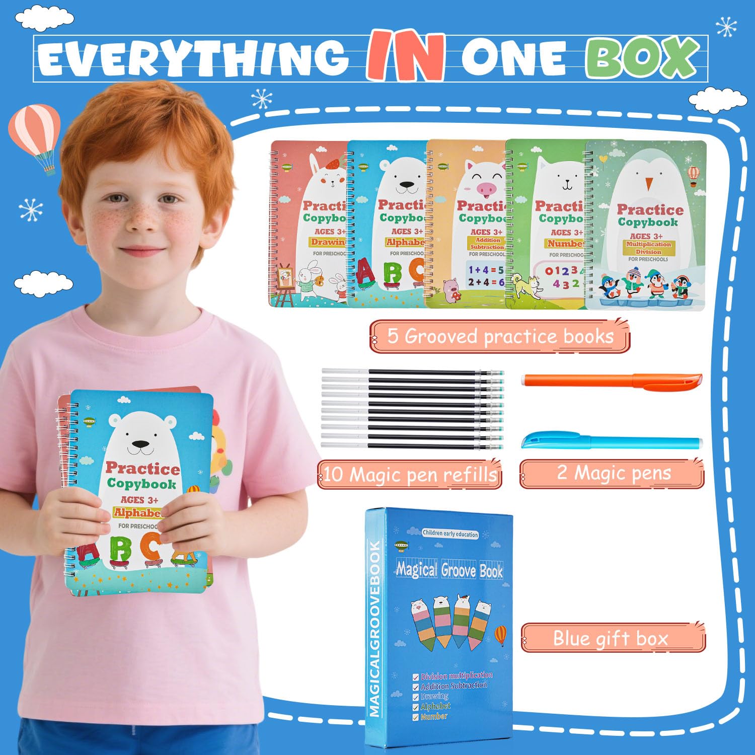 Magic Grooved Writing Books for -Handwriting Practice for  5-8 - Tracing Books for  Ages 3-5 - ,  Learning-Letters, Numbers, Math, Drawing (Blue Box, 10.3 in x 7.3 in)