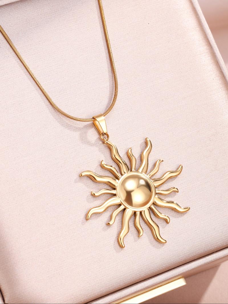 Stainless Steel Sun Pendant Necklace, Fashionable Chain, Elegant Rhinestone Design, Perfect for Daily Wear