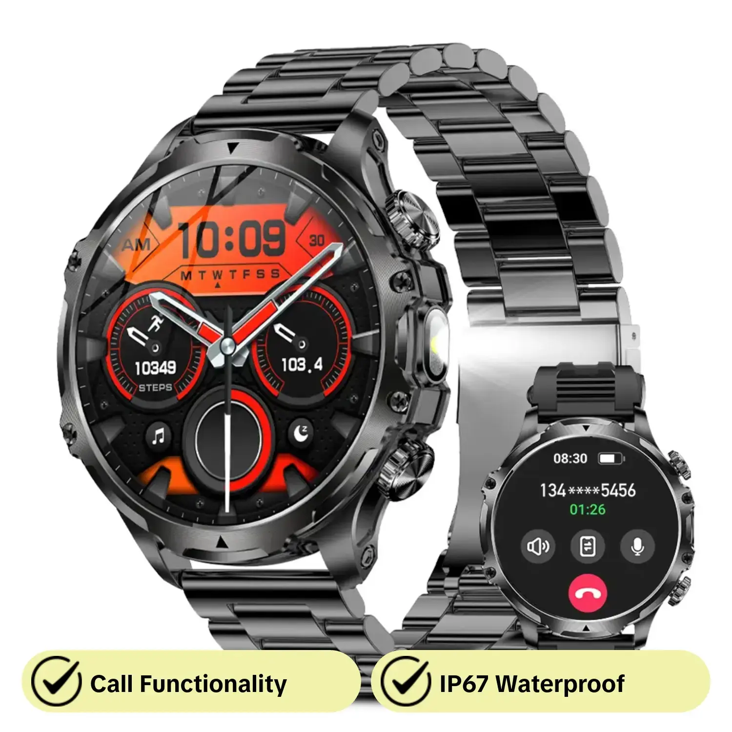1.85 Inch Screen Smartwatch, Sports Tracking Smartwatch, Fitness Tracker Smartwatch, Calling Android Smart Watch, Wireless Bluetooth Smart Watch, 1pc Steel Band with 1 Spare Silicone Band, Sports Watch with Multi-Sport Modes for Men, Wearable