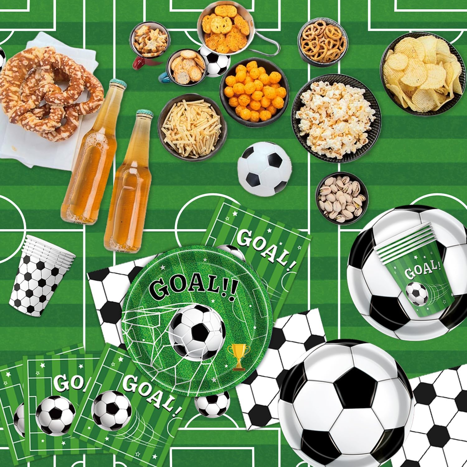 135/170-piece football themed decoration set: plates, napkins, cups, banners, balloons, tablecloths and tableware, suitable for 10-24 people, plus 10 football painting stickers