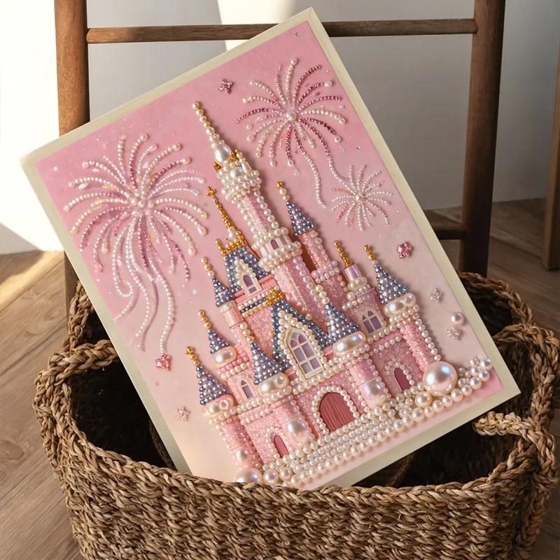 2026 New Pearl Painting: Pink Pearl Fairy Tale Castle Fireworks Glow Theme Frameless Canvas Art Print DIY Decorative Painting Ideal for bedroom decor, living room wall art, room accents, and artwork Perfect as Christmas, New Year, or Valentine's Day gifts