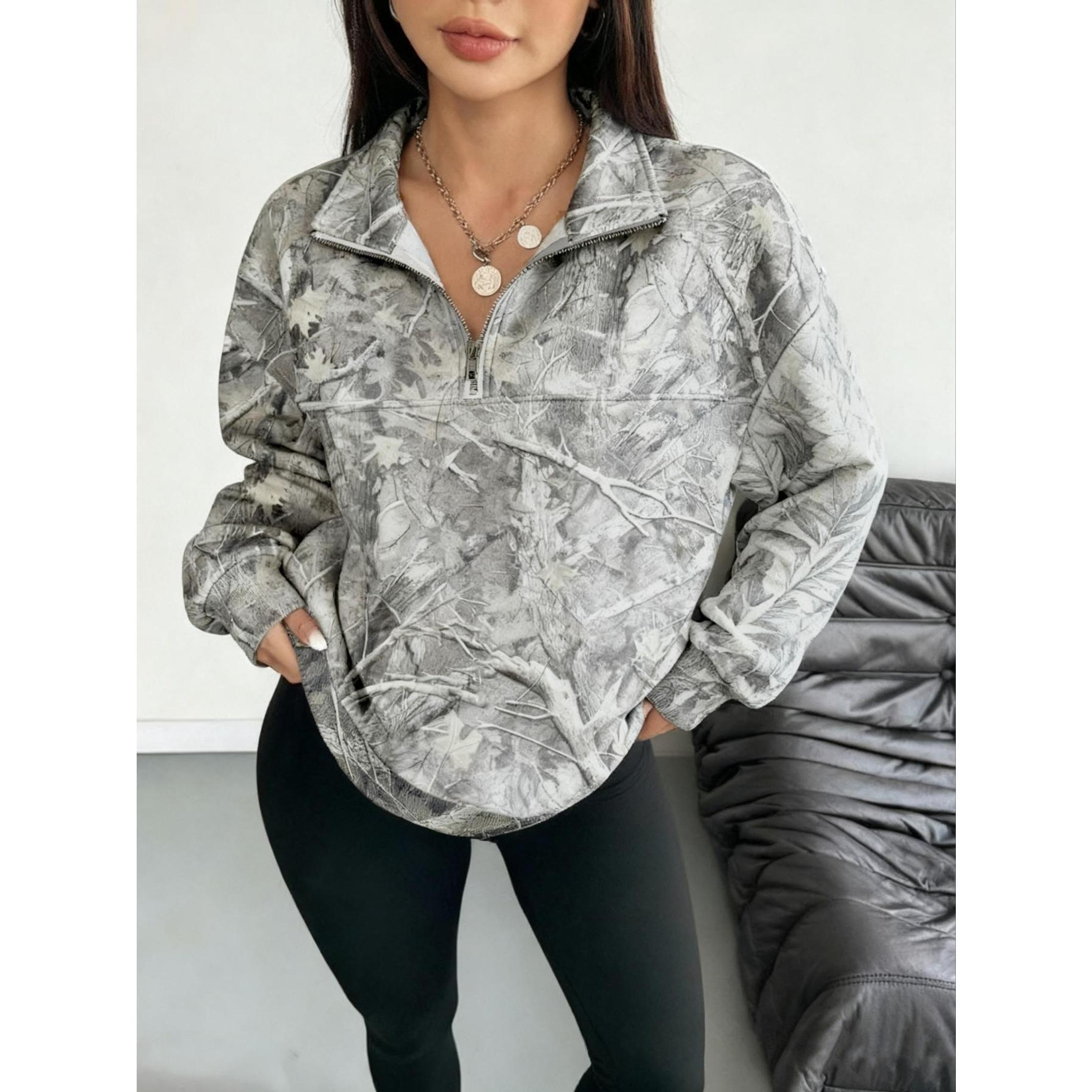 Women's Hooded Half-Zip Casual Graphic Casual Hoodie Collared Round Neck Long Sleeve Sport Top, Full Print Leaf Pattern, Digital Printing, Loose Fit, Fall & Winter, Pullover Sweatshirts, Hoodie Sweatshirts