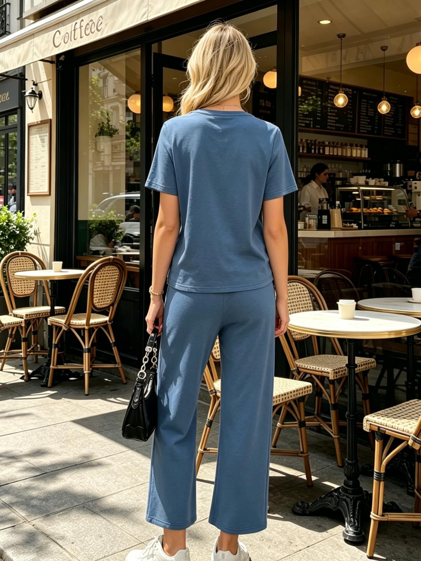 Women's Fashion Womenswear Solid Color Casual Round Neck Pocket T-Shirt + Drawstring Wide Leg Pants Set Loose Fit Slimming Wide Leg Pants Two-Piece Set Suitable for Summer Commuting to Work Shopping Outings Indoor and Outdoor Wear