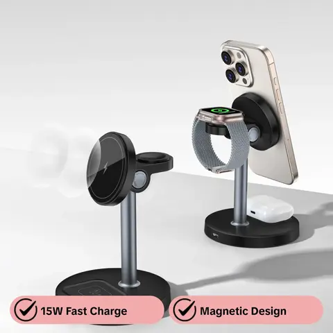 3-in-1 Magnetic Wireless Charger, 15W Fast Charging Station with Adjustable Angle, Magnetic Charging Design, Fast Charging Solution, Compatible with iPhone 12-16 Series, iWatch & AirPods, Wireless Mobile Charger, Phone Charging Accessories