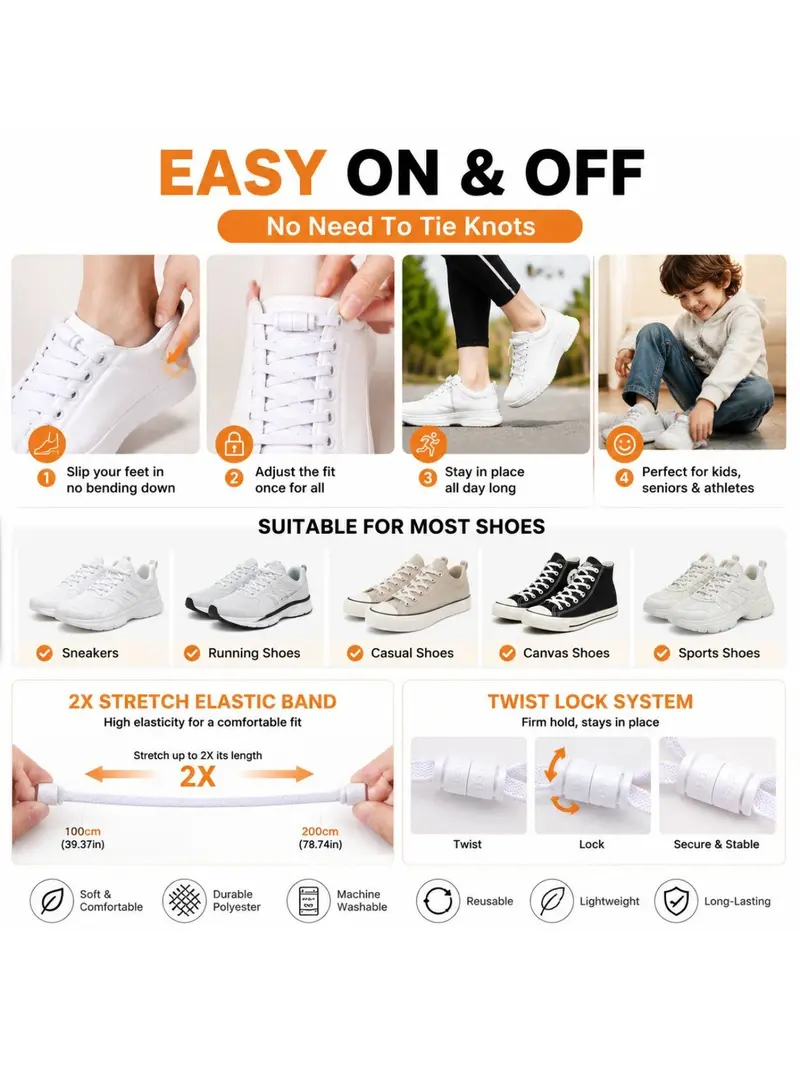 10 Pairs Adjustable Laces with Locks, Elastic Stretch Shoelaces for Kids and Adults, Quick Install Sports Shoes Laces, Shoe Strings for Sneakers