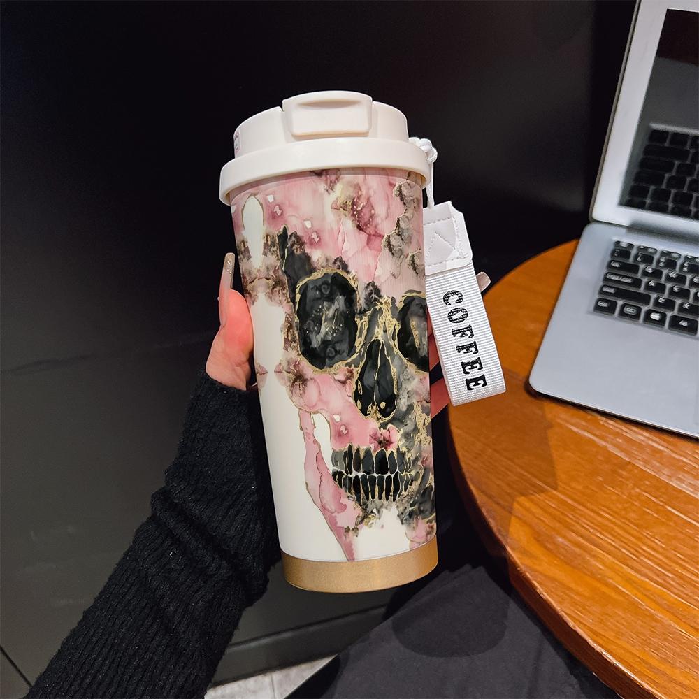 Abstract Skull Texture Coffee Cup, Portable Dual Drink Insulated Tumbler, Keeps Warm/cold, Boho Style, Ideal for Office, Travel, Sports