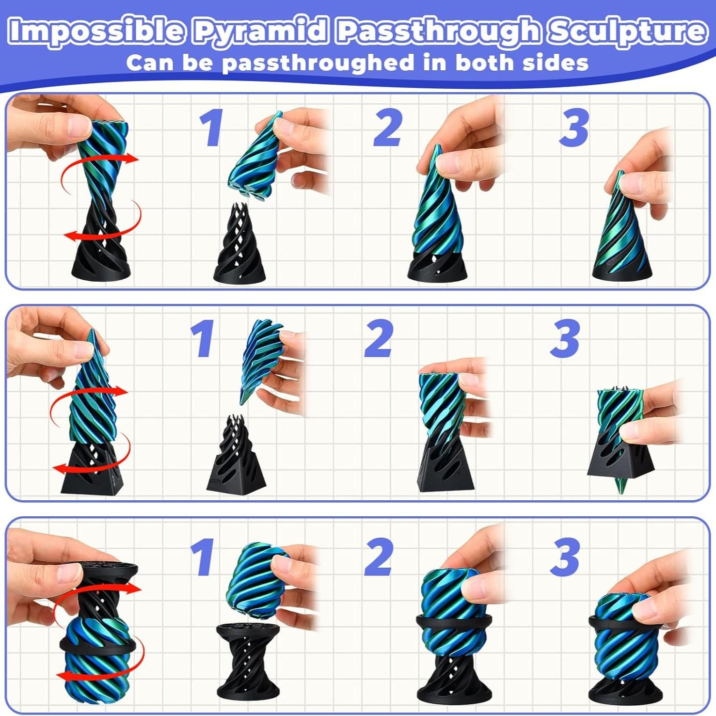 3Pcs Impossible Cone Fidget Toys, 3D Printed Spiral Cone Passthrough Sculpture, Mini Stress Relief Desk Decor, Sensory Anxiety Relief Toy for Adults, Cool Novelty Gift