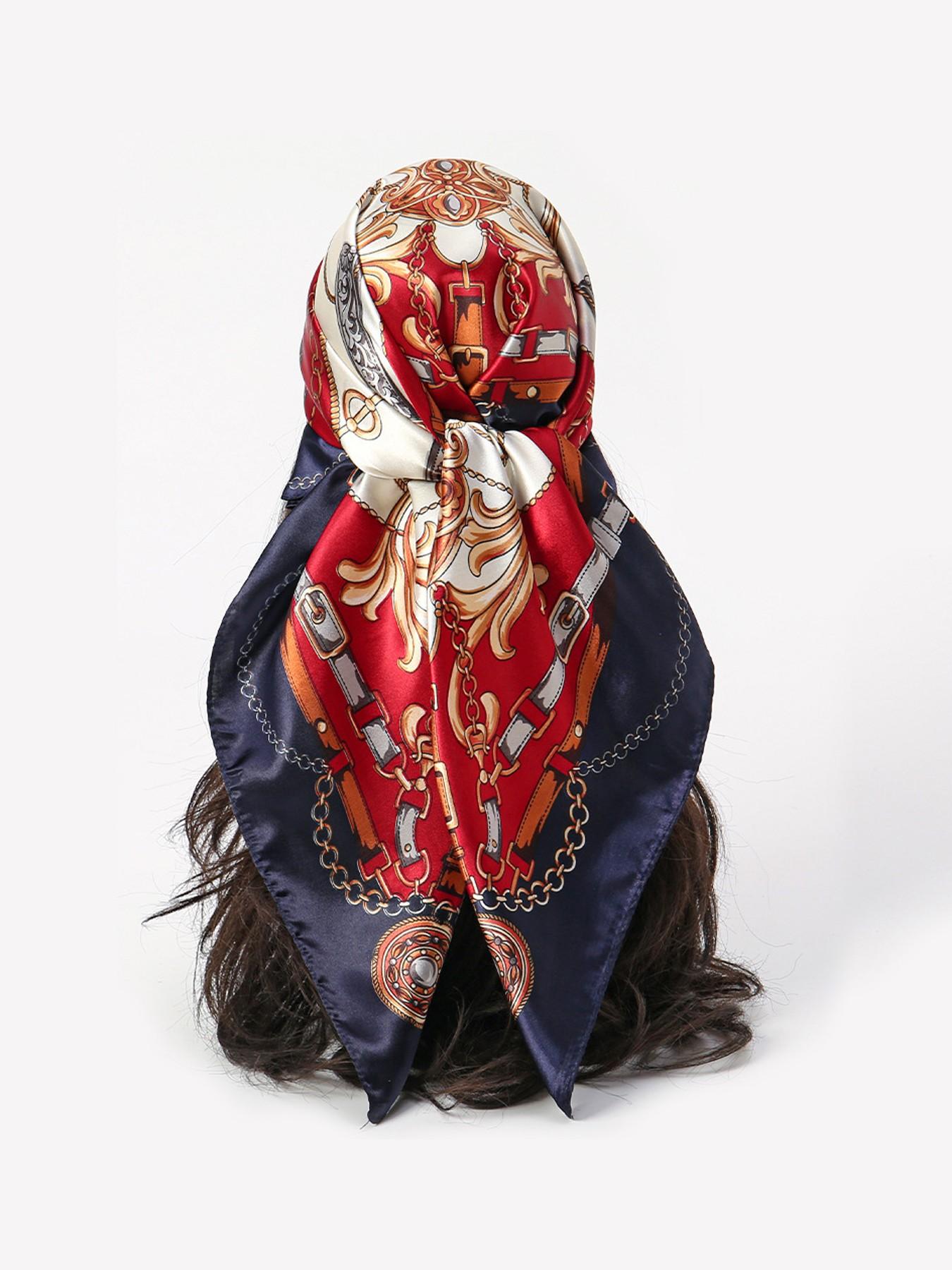 90cm Stylish Satin Square Scarf for Women, Fashionable Vivid Silk Feel Headscarf, Versatile Accessory for Any, Chain Printed Scarf