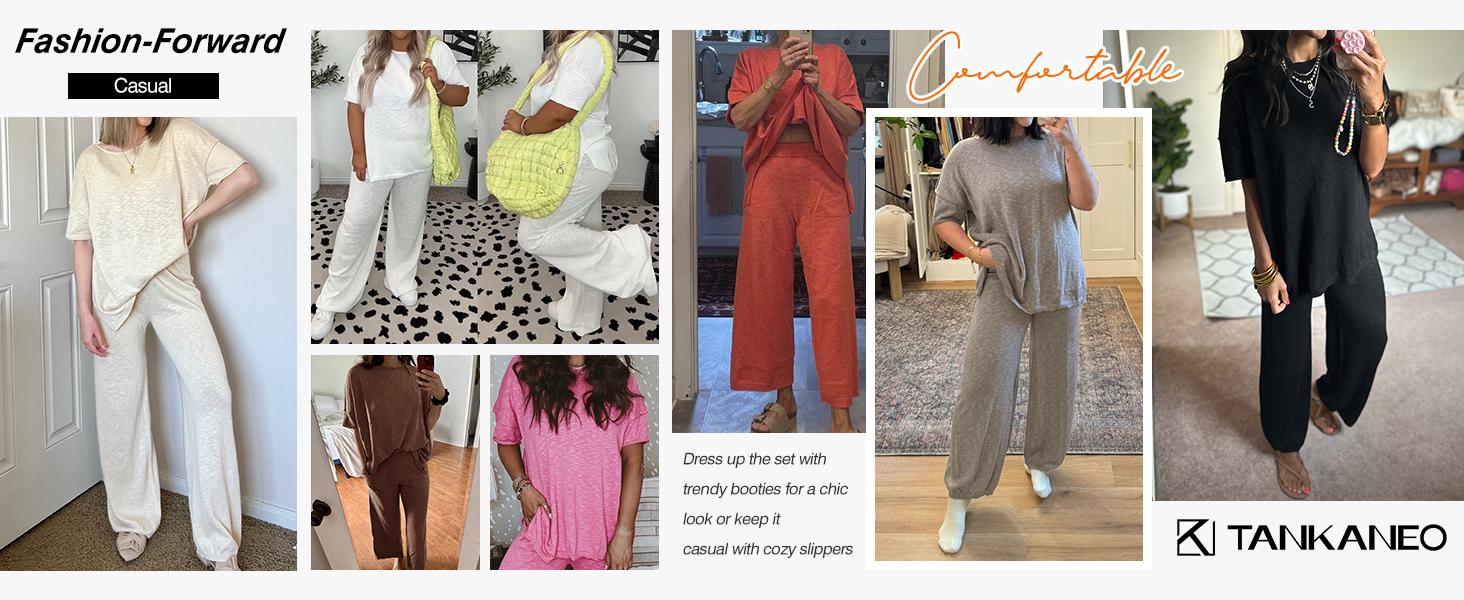 Imily Bela Women's 2 Piece Travel Outfits Casual Short Sleeve Knit Pullover Tops Wide Leg Pants Lounge Sets Tracksuit